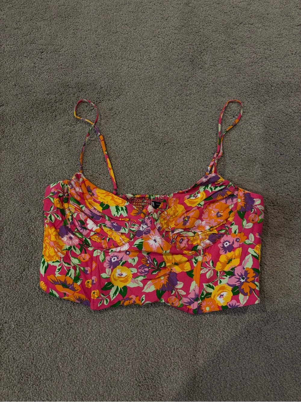 Zara Pink Floral Cropped Cami with Spaghetti Straps